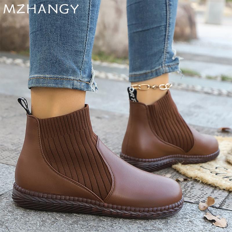 Модные балетки Женские ботильоны Повседневные Уютные для ходьбы Кожаная обувь Женская 2024 Зима Новый бренд Элегантное платье Модные Челси Ботас Мухер