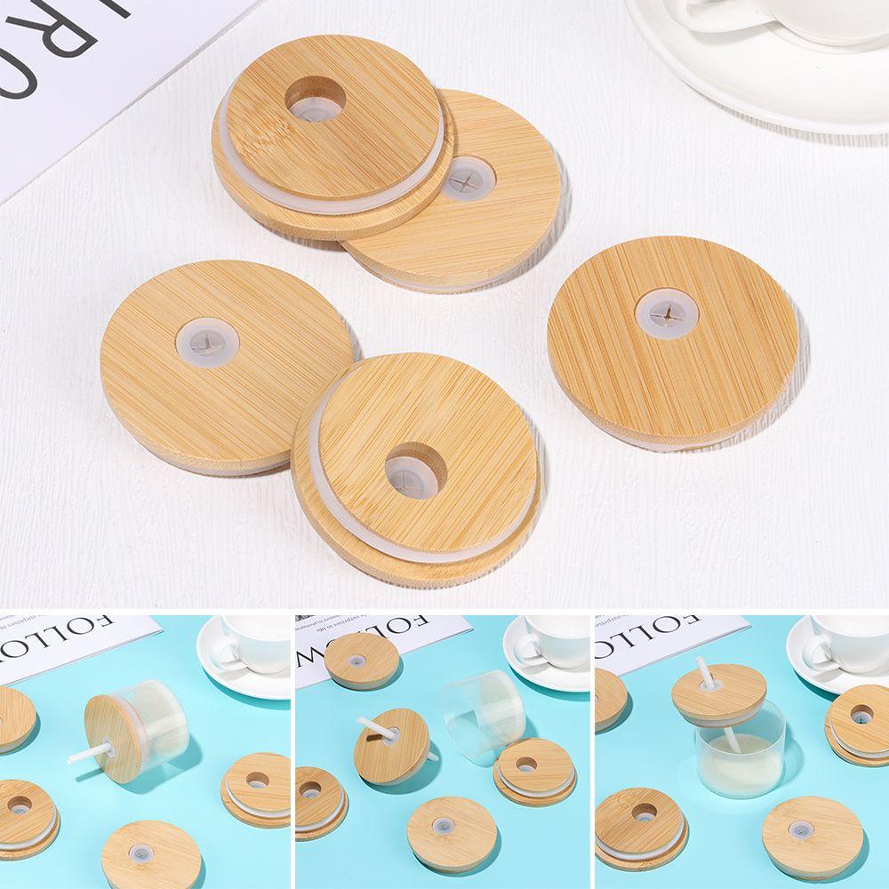 Storage Bottles Silicone Seal Ring Wide Mouth Cup Mason Jar Lid With Straw Hole Bamboo Wood Lids