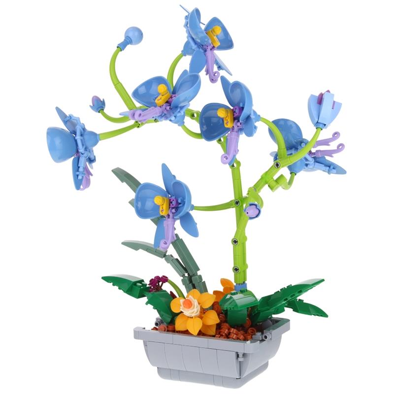 Construction Blocks Flower Orchid Blue Bouquet in Pot 581 pcs