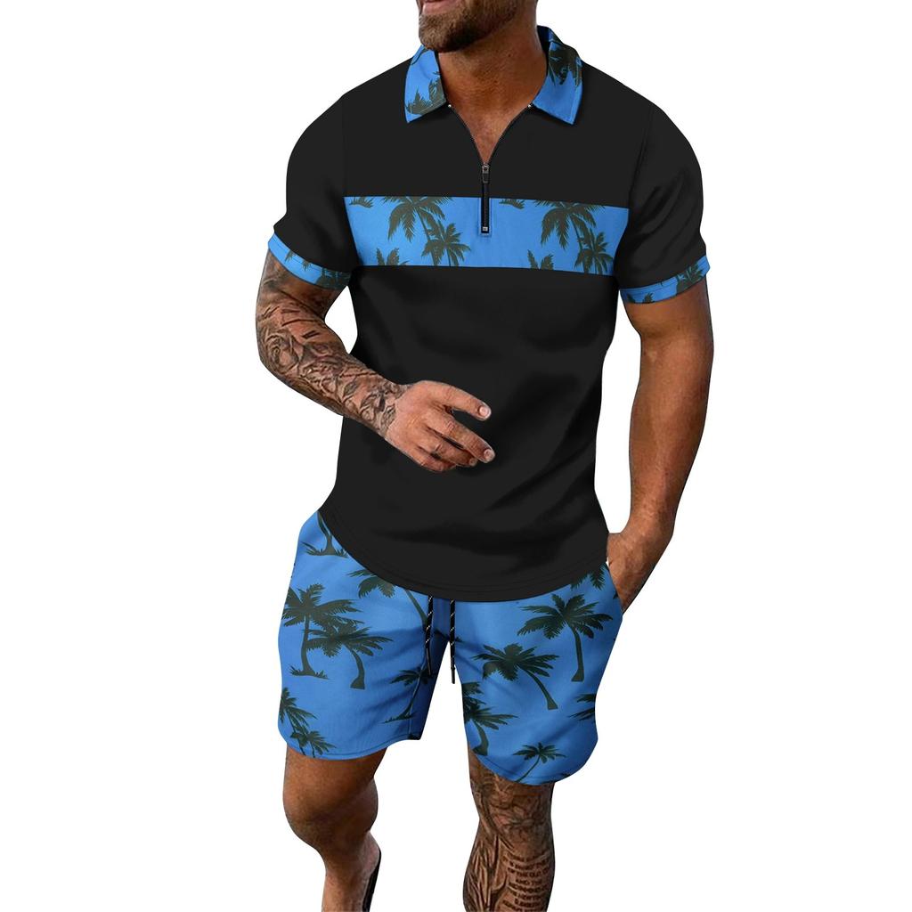 Мужской летний гавайский принтованный костюм с коротким рукавом и застежкой-молнией и лацканами, повседневный спортивный костюм для мужчин