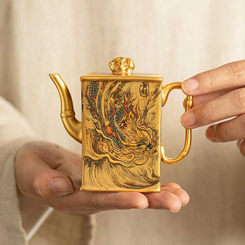 Gilt teapot retro Chinese household teapot four divine beasts square pot kung fu tea set high-end tea brewer