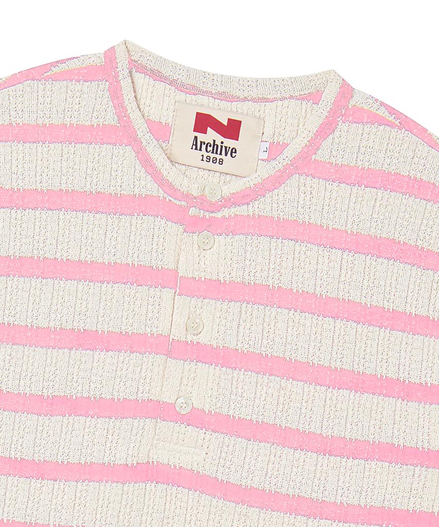 BEYOND CLOSET [Collection Line] Lux Cotton Stripe Henley Neck Short Sleeve Knit Pink