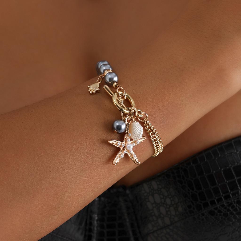 European and American Jewelry Summer Casual Style Starfish Palm Collarbone Chain Beaded Splicing Light Luxury High-end Necklace