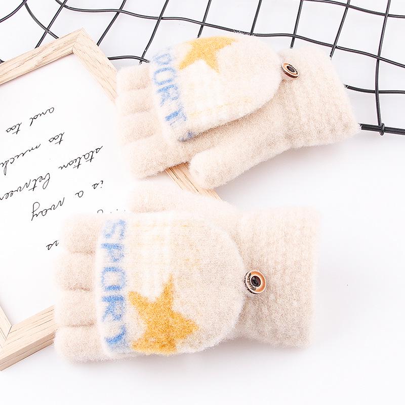 Детские зимние варежки без пальцев с мультяшным котенком - Теплые, милые, вязаные под кашемир для учеников начальной школы