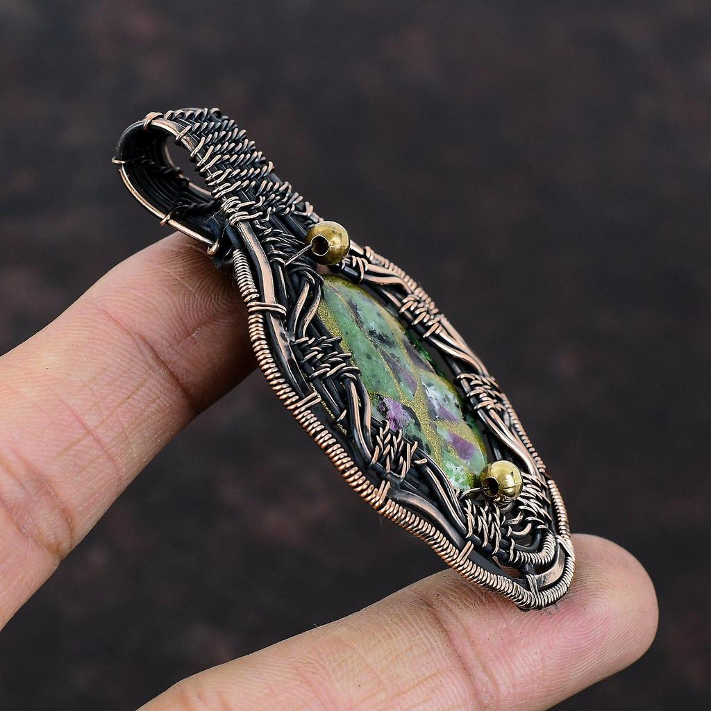 Медный рубиновый кулон с цоизитом, обернутый медной проволокой, кулон из меди ручной работы, чудесный драгоценный камень, кулон с рубиновым цоизитом, подарок для мамы