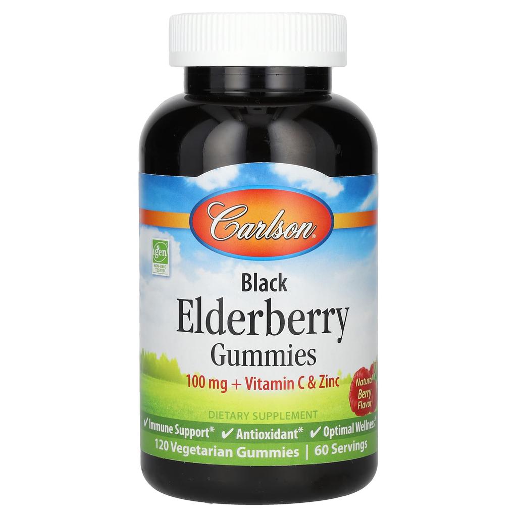 Carlson Black Elderberry Gummies + Vitamin C and Zinc, Natural Berry Flavor, 100 Mg, 120 Vegetarian Gummies (50 Mg Per Gummy)