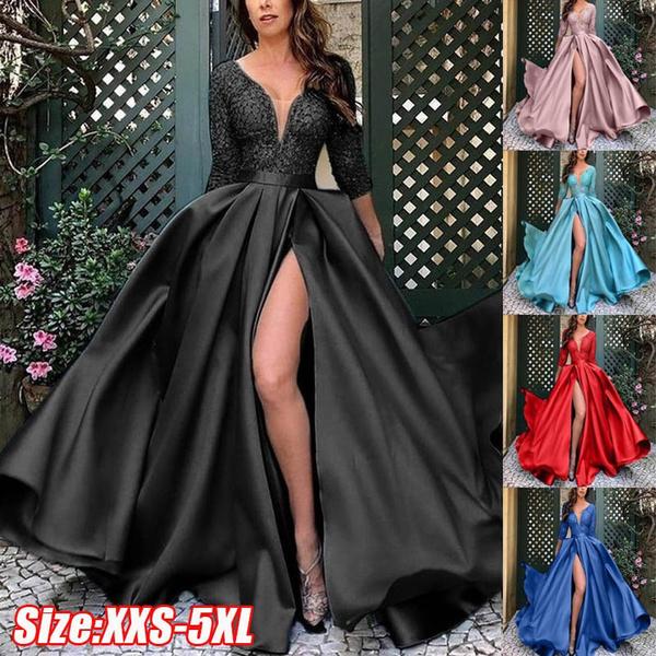 Women's Fashion Deep V-neck Long-sleeved Lace A-line Skirt Dress Hem Formal Evening Dress Dress Bronzing Big Swing Sexy Long Skirt
