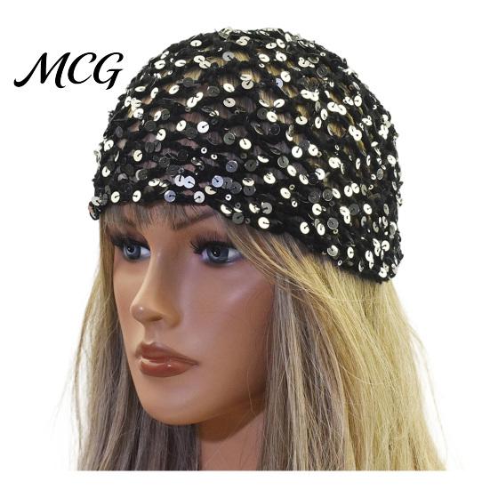 Fishnet Headwear Hat for Women, Breathable Mesh Knitting with Hollow Sequin Design, Elastic Fit Hand-Woven Daily Wear Sparkling
