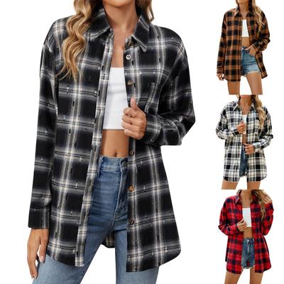 Женская модная широкая клетчатая куртка-рубашка с длинными рукавами и карманами на пуговицах