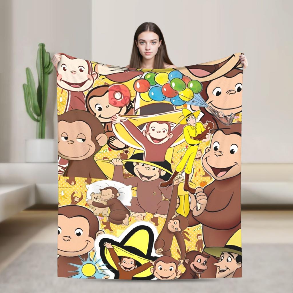 Warm Soft Blankets Picnic Cartoon Curious George Throw Blanket Flannel Bedspread For Couch Chair Sofa Bed Fluffy Sofa Bed Cover