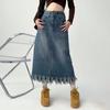 Women Vintage Split Denim Skirt Summer Tassel Slim High Waist Midi A-line Skirt Female Y2k Korean Streetwear Blue Casual