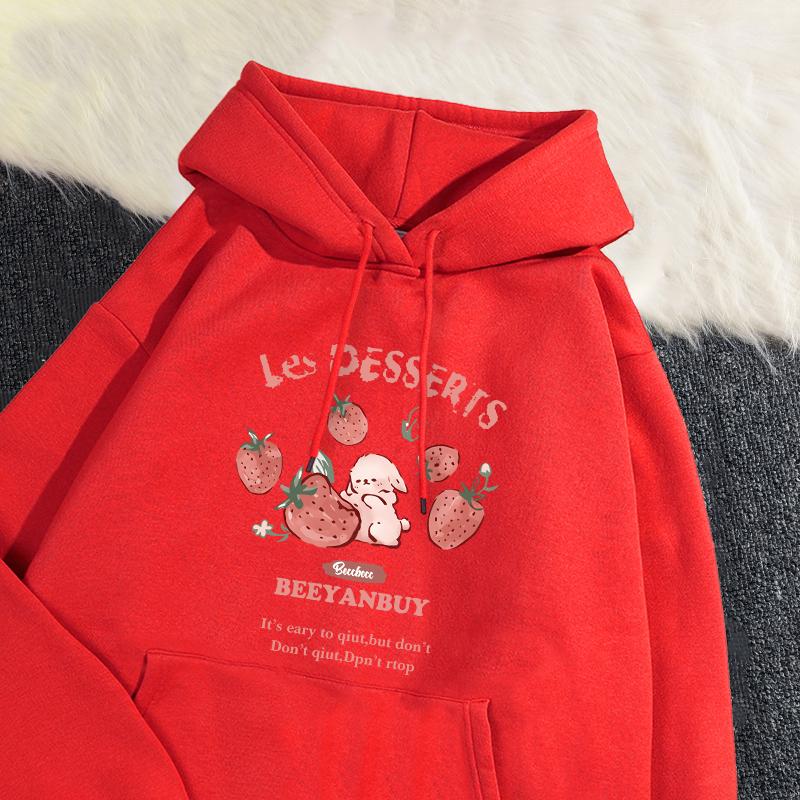 Cute Strawberry And Rabbit Printed Sweatshirt Pocket Soft Warm Breathable Pullover Autumn Winter Hoody