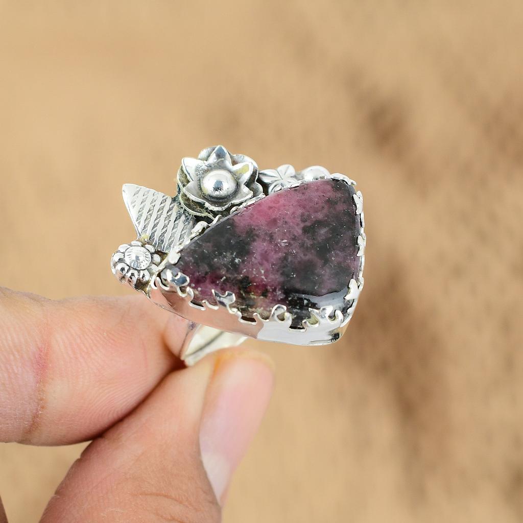 Natural Rhodonite 925 Silver Multi Stone Flower Adjustable Ring For Women