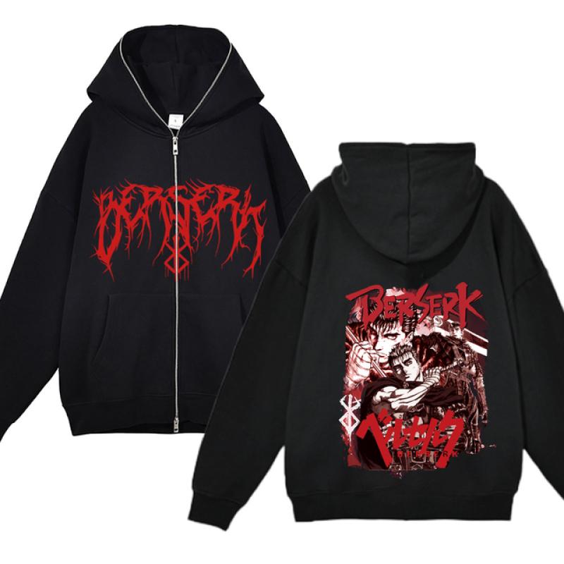 Berserk Sweatshirt Full Zip Jackets Y2k Hoodies Casual Sweatshirts Anime Print Coat Autumn Fleece Clothing Guts Hooded for Men