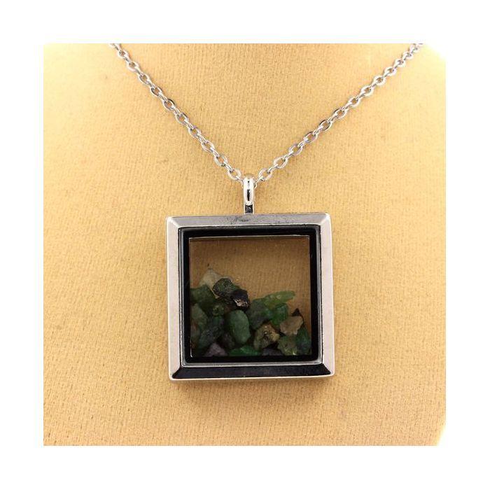 Stones and Minerals. Raw Tsavorite Garnet Necklace. Square Model. Color Silver.