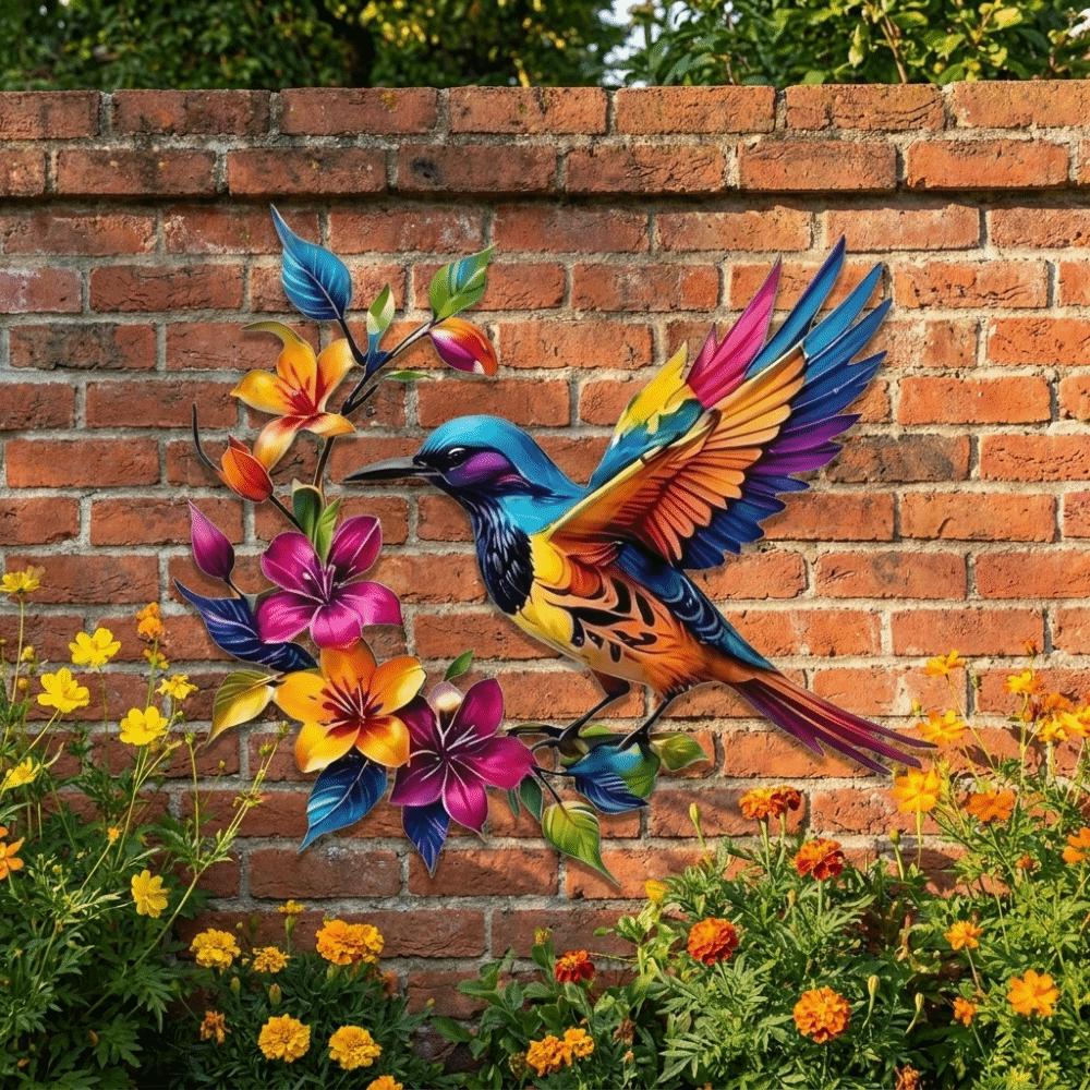 Colorful Flower Iron Art Bird Wall Hanging Weather Resistant Iron Hanging Decor  Balcony Patio