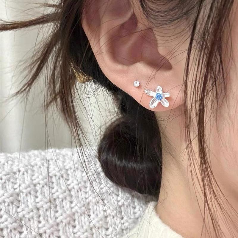 Серьги-гвоздики из стерлингового серебра S999 с синим цирконом в виде цветка для женщин - Эксклюзивный дизайн, Роскошные, Универсальные