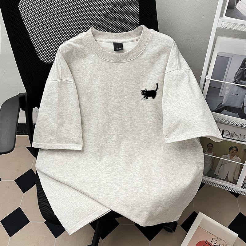 Летняя женская свободная футболка с короткими рукавами и принтом котенка в стиле милой и пикантной вязки
