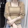 Сетчатая блузка с волнистой точкой, женская укороченная шифоновая рубашка с квадратным вырезом и эластичной резинкой сзади, темпераментный сказочный стиль, лето