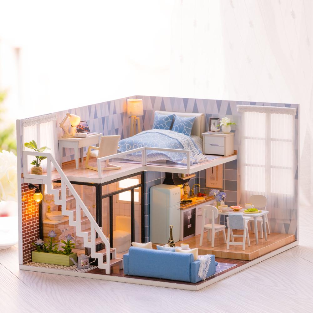 DIY Miniature Loft Dollhouse Kit Lifelike Mini 3D Wooden House Room Handmade Toy with Furniture LED