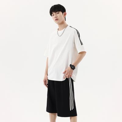 Летний мужской повседневный спортивный комплект в полоску, комплект большого размера, шорты с короткими рукавами, один комплект, мужской большой размер