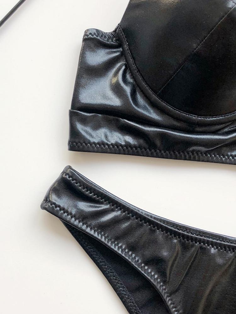 Блестящий искусственный кожаный PU бикини женский купальник бюстгальтер чашка бикини 2025 женский купальник из двух частей бикини комплект пуш-ап купальный костюм плавание