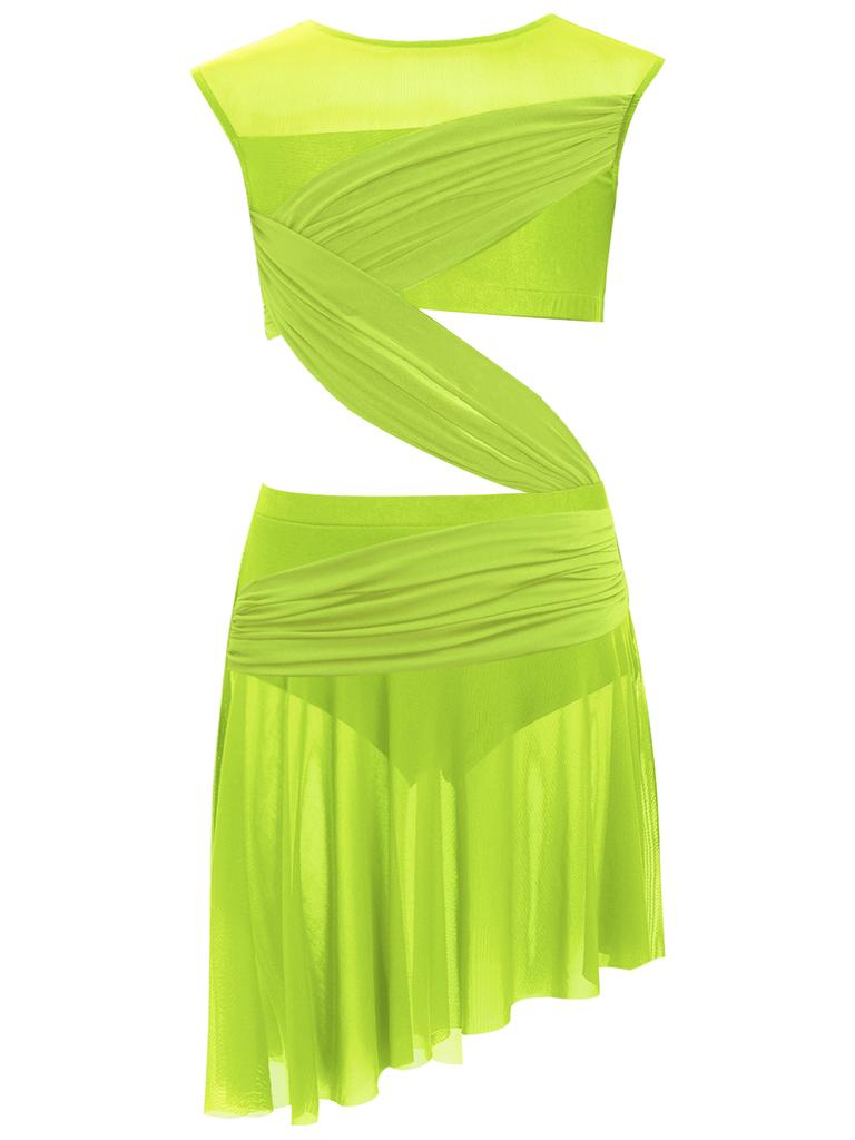 Платье для лирического танца для девочек, цельное, без рукавов, с прозрачной сетчатой вставкой, лоскутное, с асимметричным подолом, костюм для выступления