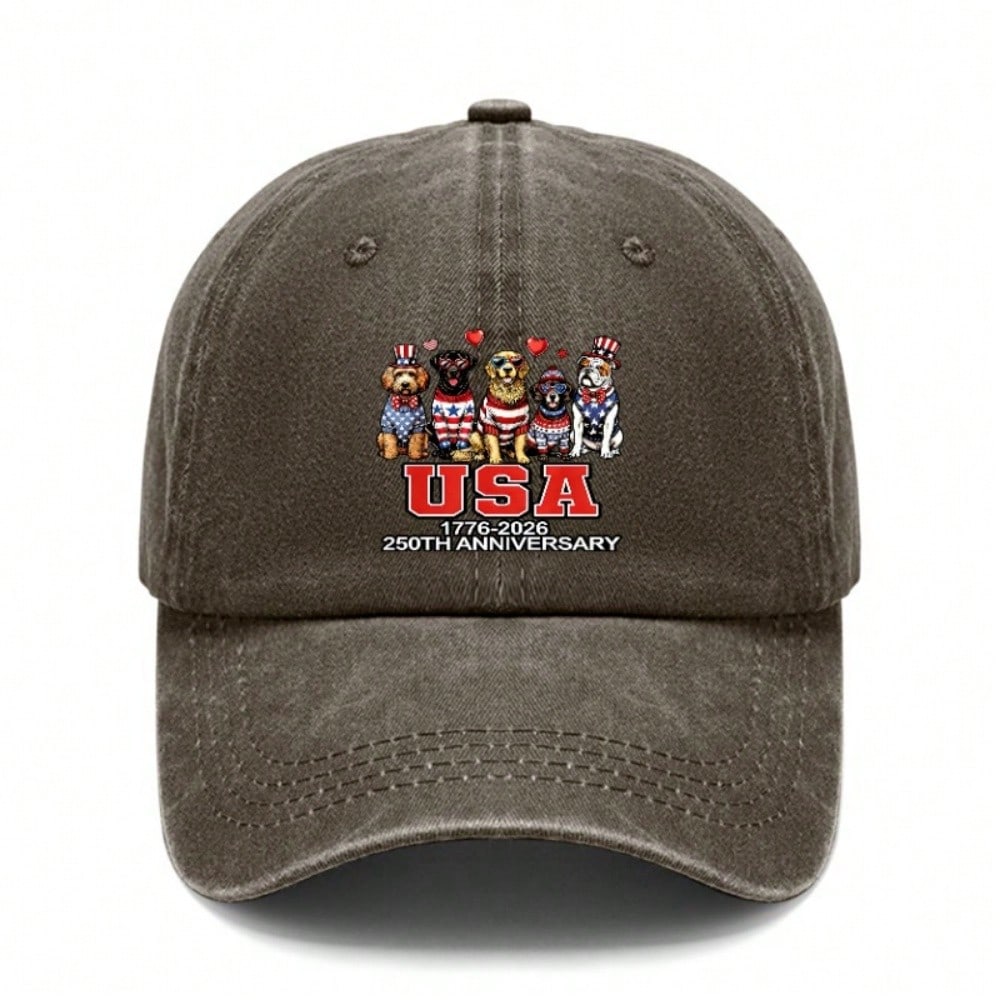 [USA Dog Print Baseball Cap] Vintage Washed Adjustable Hat Unisex Breathable Soft Polyester Casual Outdoor Sports For 250Th Anniversary Celebration