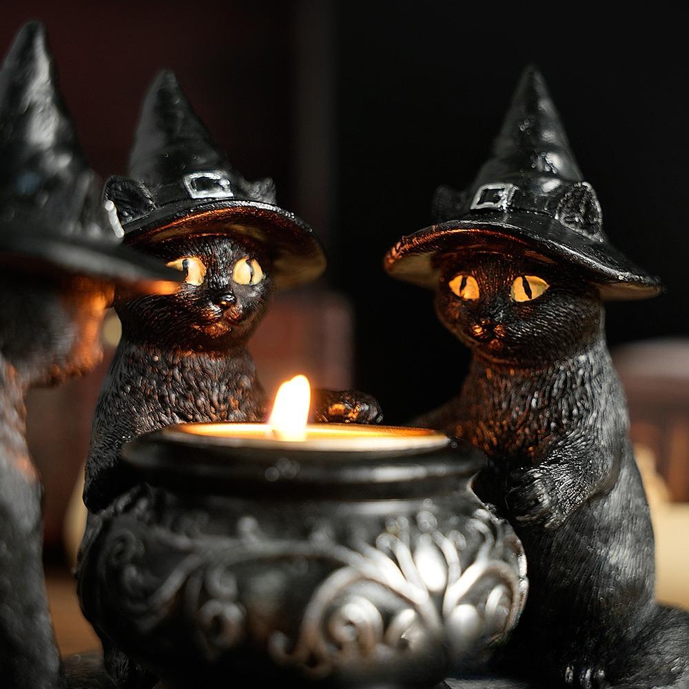 Halloween Decoration Figurines Familiar Cauldron Tea Light Holder Black Witches Cats Candlestick Holder Home Bar Table Ornaments