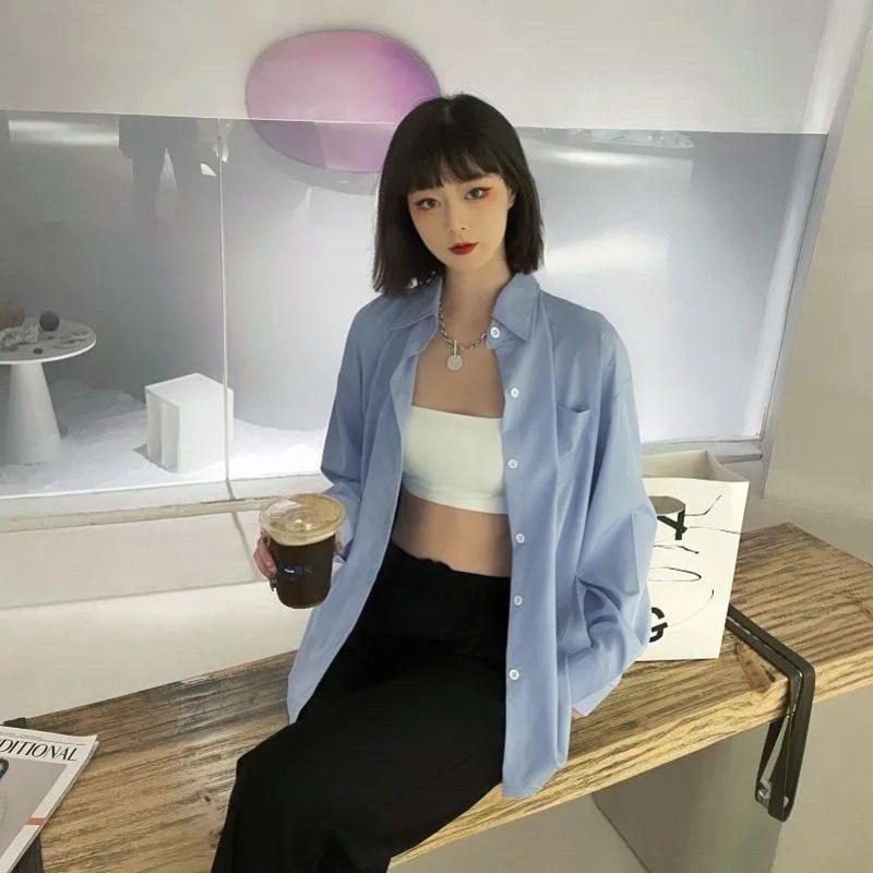 WTEMPO Брендовые студентки с длинными рукавами, свободные солнцезащитные кремы, длинная корейская версия свободной рубашки, модные повседневные женские топы с баской, темпераментные женские топы