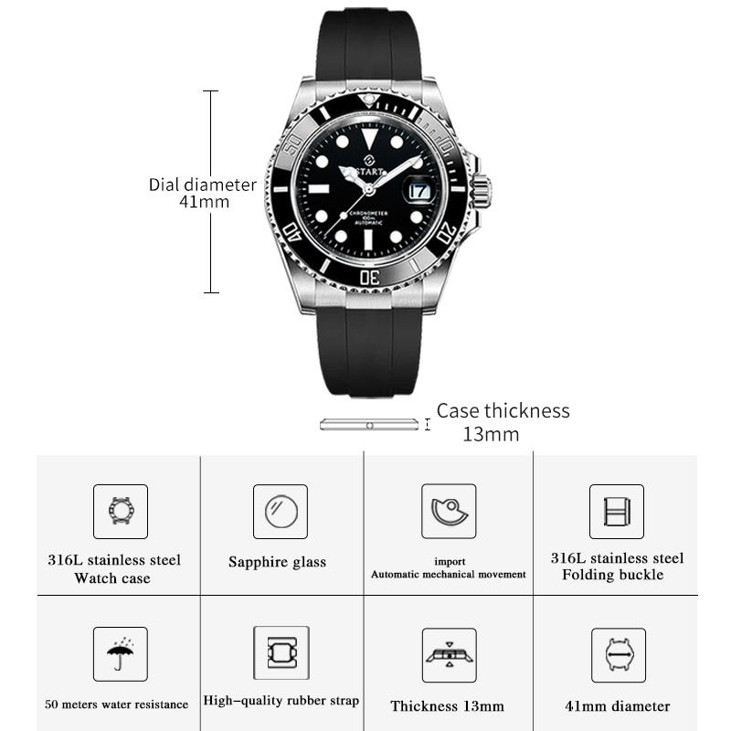 Start Men's Watch Diving Watch Luminous Waterproof Automatic Mechanical Watch Calendar Function Sports Men's Watch