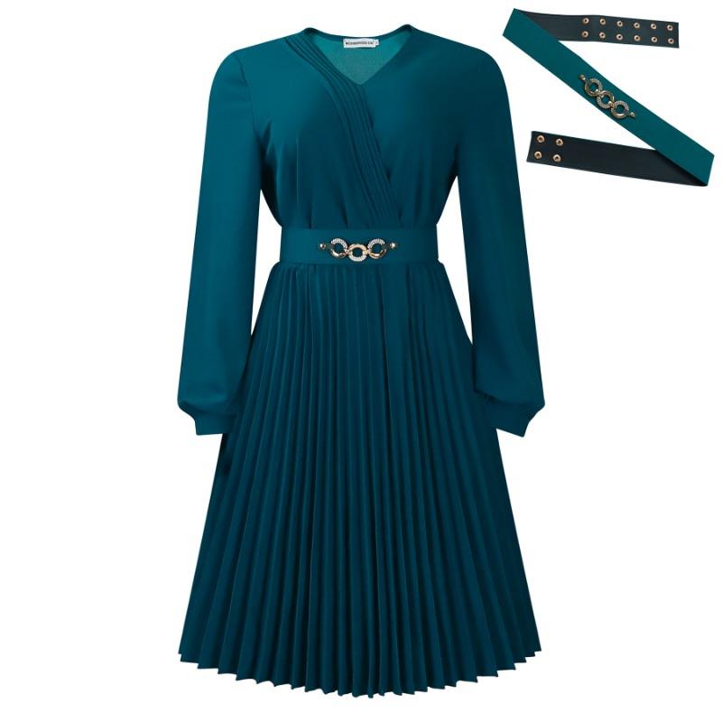 Новое платье с V-образным вырезом, модное, темпераментное, элегантное, однотонное, плиссированное, большого размера