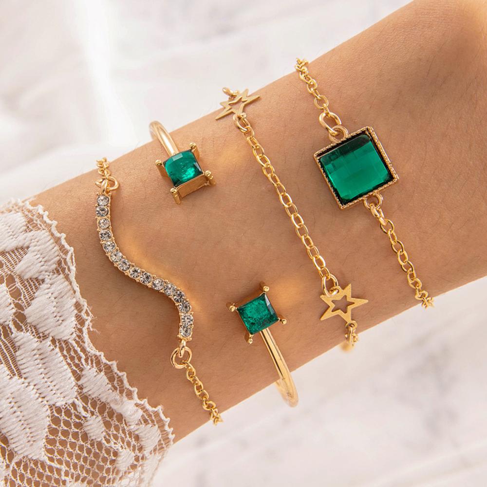 5Pcs/Set Green Shiny Charm Bracelet for Women Crystal Zircon Jewelry Adjustable Luxury Trendy Bracelet Daily Decoration