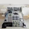 Rustic Patchwork Comforter Set, Checkered Buffalo Plaid Bedding Set For Kids Teens Adult, Woodland Wildlife Bear Moose Elk Pine Trees Patter