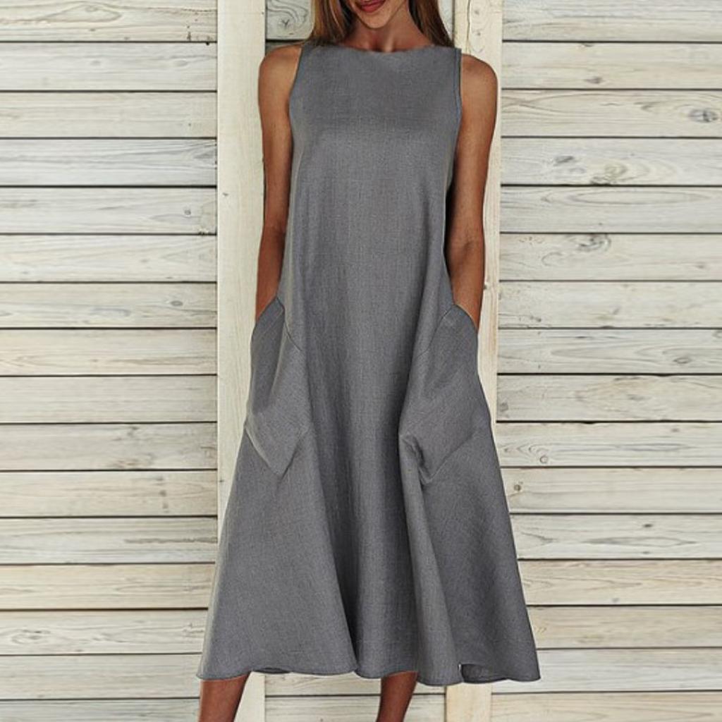 Женское свободное повседневное платье из хлопка и льна без рукавов с круглым завязками и карманами