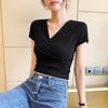 Женская утягивающая футболка кроп с V-образным вырезом и короткими рукавами - Черная летняя верхняя одежда