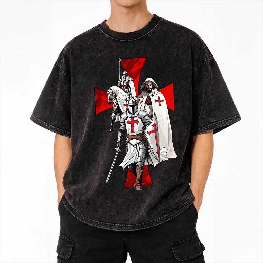 Harajuku Washed Shirts Deus Vult - The Templar Knight Merch Novelty T Shirt Harajuku Streetwear 100% Cotton Printed Tops Tees