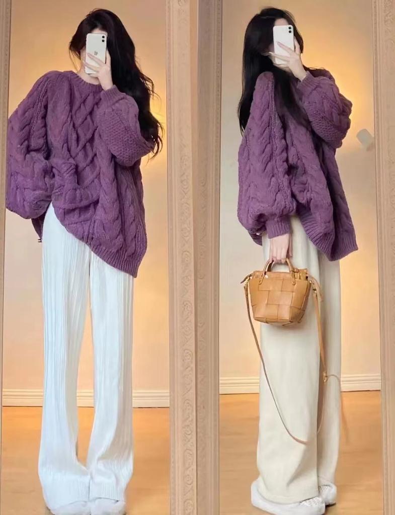 Large Thick Thread Twist Sweater Women's Thickened Medium and Long Autumn and Winter Loose Lazy Wind Knitted Jacket Top