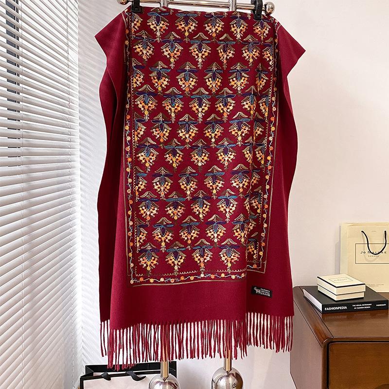 Женский вышитый теплый шарф в литературном ретро-этническом стиле, украшение из пряжи с бахромой
