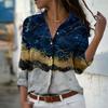 Blue Marble Print Women Blouse Spring Autumn Femme Office Lady Button Up Turn Down Collar Shirts