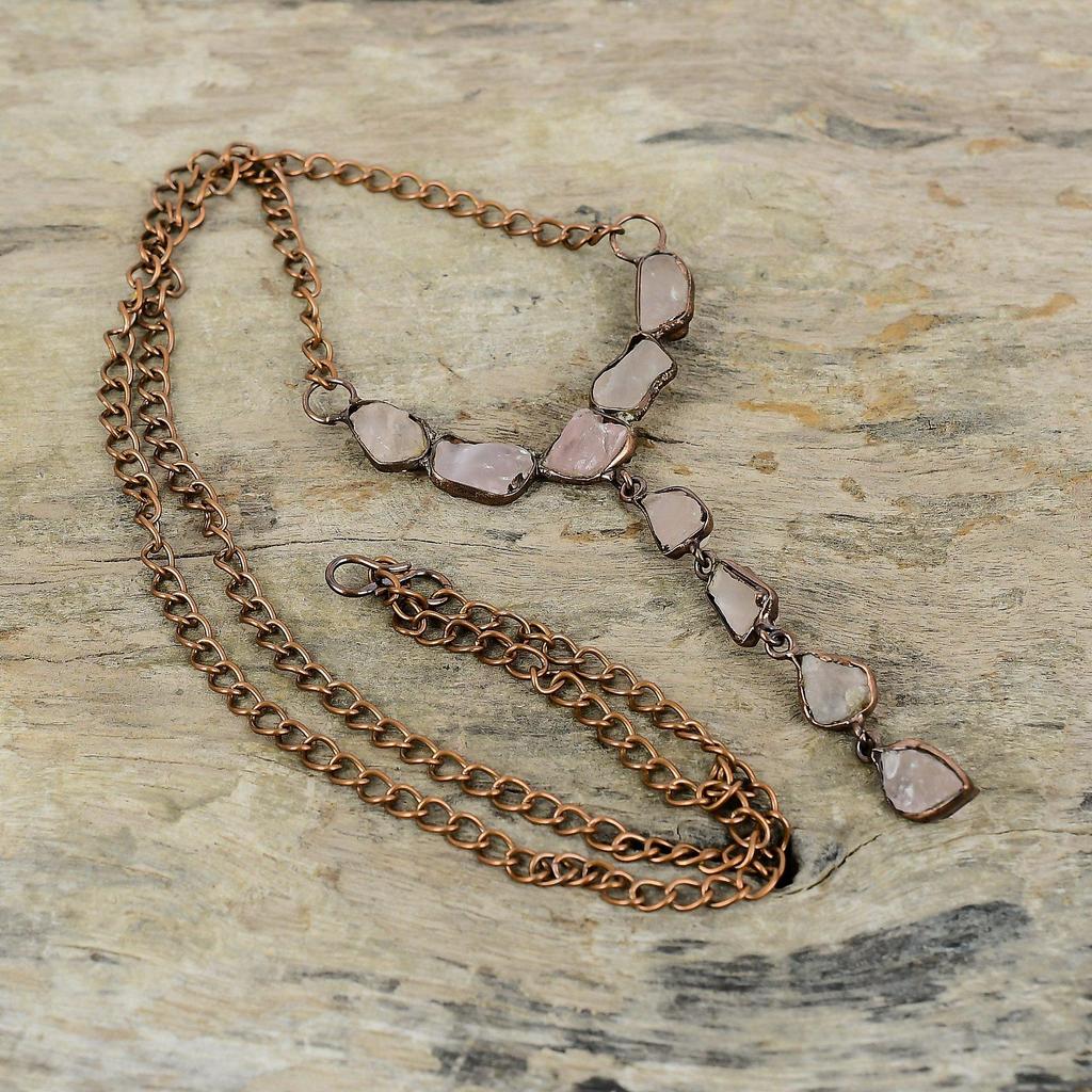 Грубое ожерелье из розового кварца, медное ожерелье, изготовленное гальваническим методом, регулируемое ожерелье-цепочка, ювелирные изделия ручной работы, ожерелье из драгоценных камней, изготовленное гальваническим методом для подарка