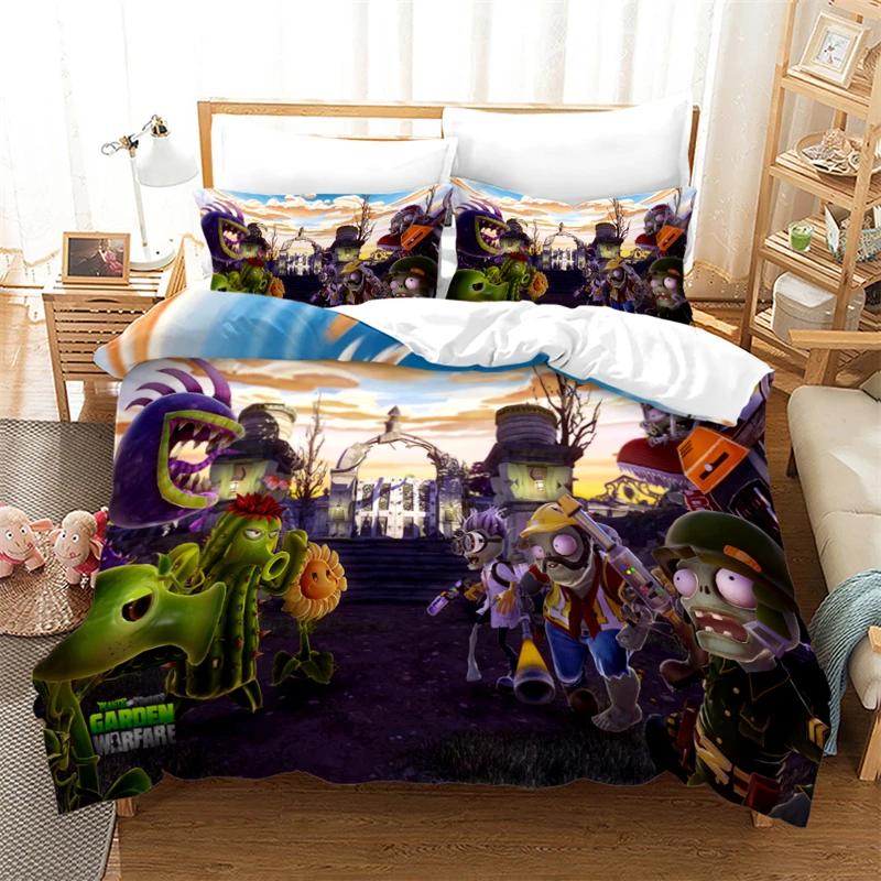 Popular Games Pattern Bedding Set 3d Plant Zombie Cartoon Duvet Cover Set with Pillowcase Single Double Queen King Bedclothes