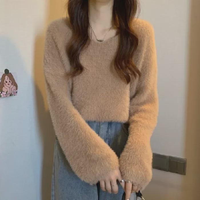 Women's Winter V-Neck Soft Knit Sweater - Gentle Style, Loose Mink Fur