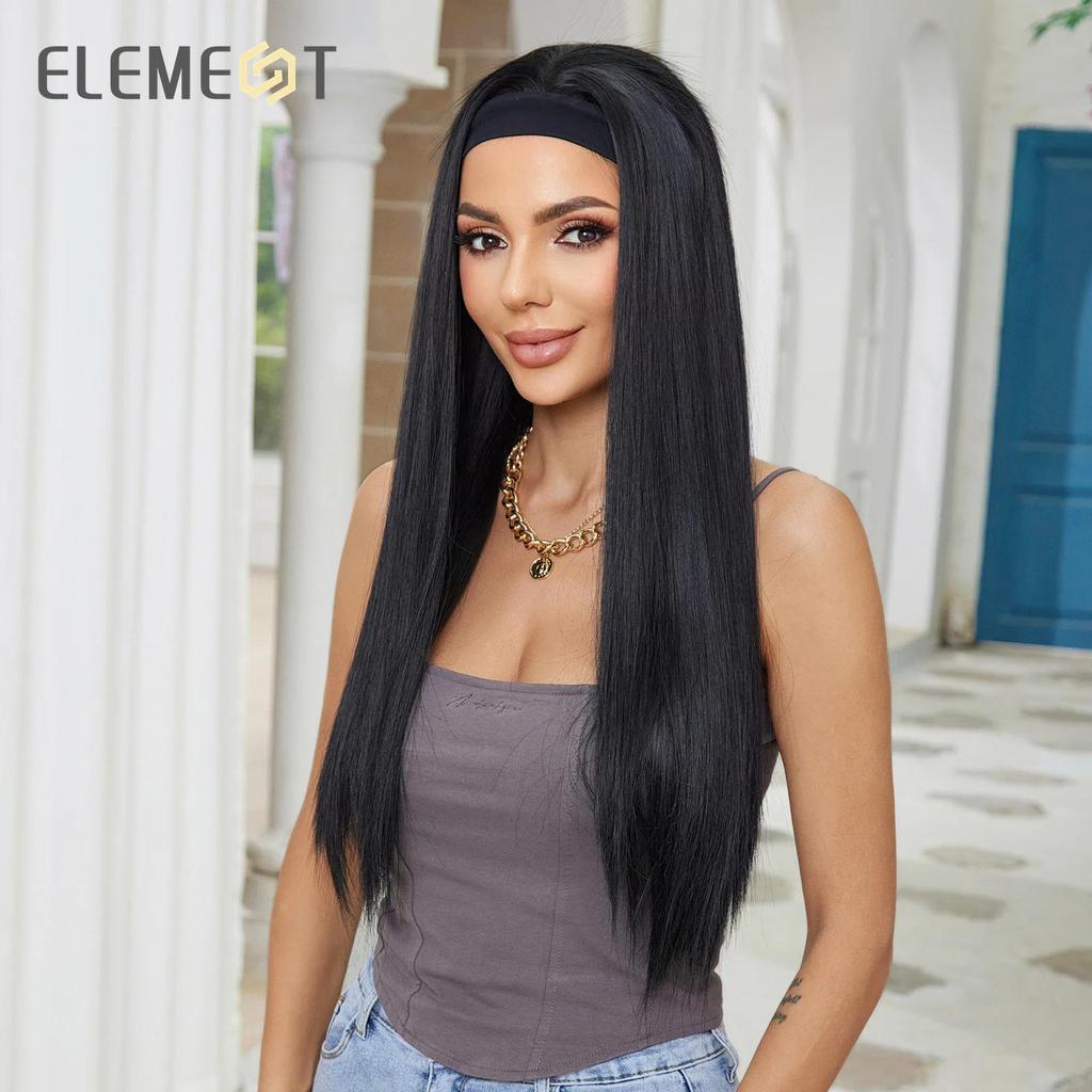 Elegant Synthetic Headband Wig Long Wavy Curly Black Straight Wigs with Headbands for Women and Girls Heat Resistant