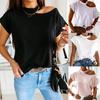 Women Casual T-shirt Short Sleeve One Shoulder Mock Neck Halter Loose Blouse Top