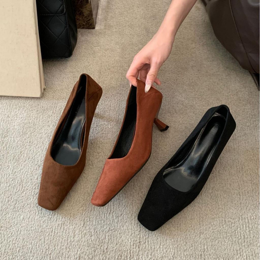 Single Shoes 2025 Spring Women's Korean Version Suede Retro High Heels Women's High-end Sense Solid Color Square Head Shoes Children
