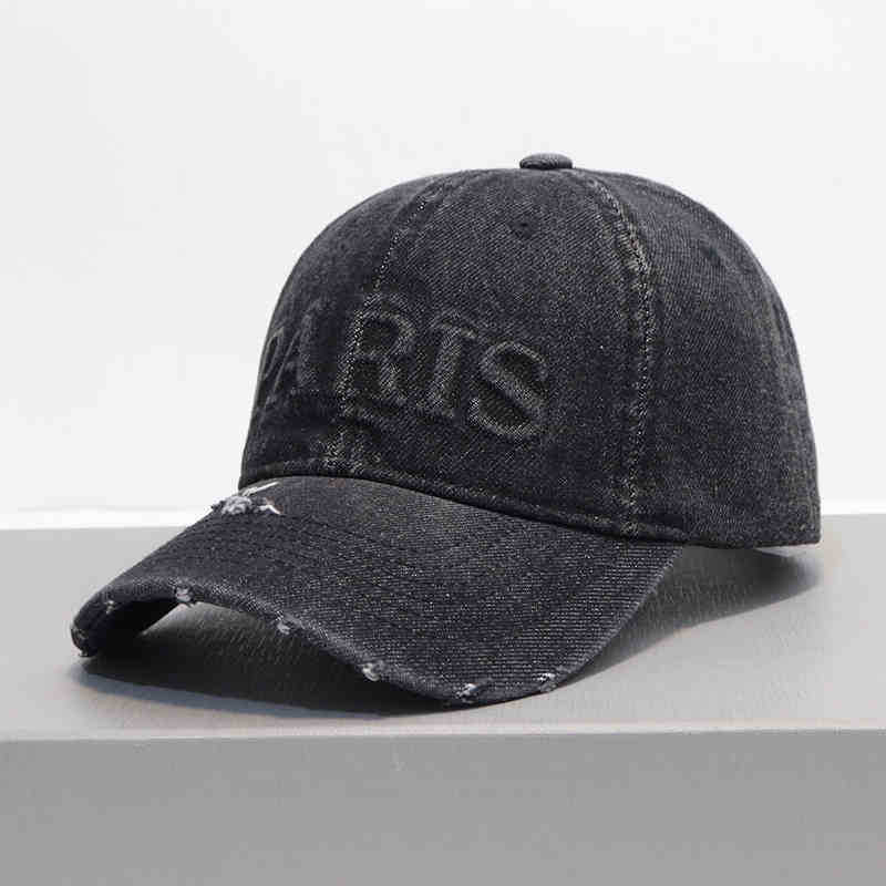 Retro old denim baseball cap autumn and winter letter ripped cap unisex wide brim shade
