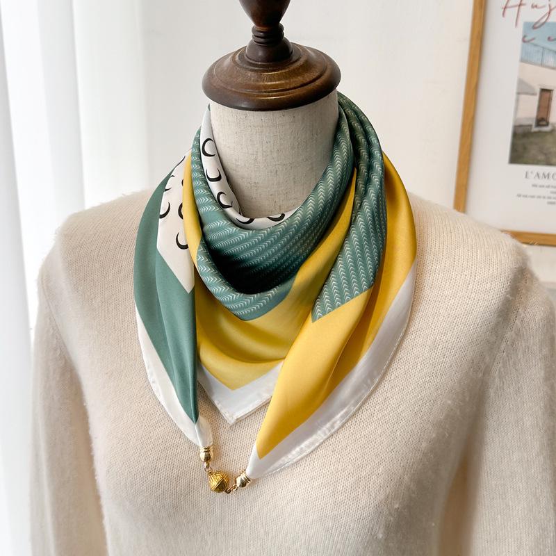 Magnetic Buckle Silk Neck Scarf: Triangle Design for Women, 70x70cm, Lightweight Spring/Summer/Autumn Accessory