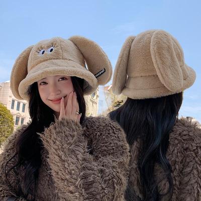 Женская осенне-зимняя теплая утепленная защитная шапка для рыбалки с заячьими ушками, холодная бархатная вязаная шапка, милая симпатичная кепка-ведро