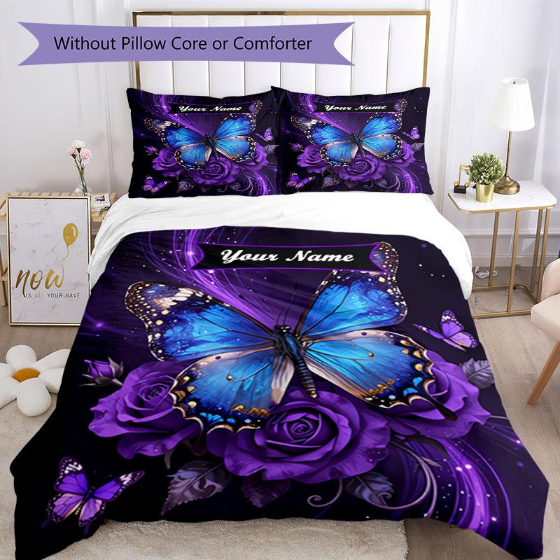 3PC Custom Name Butterfly Roses Bedding Set Duvet Cover Closure Includes 1 Duvet Cover & 2 Pillowcases for Bedroom